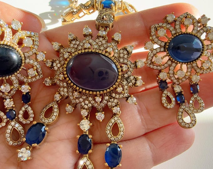 Kundan Moissanite Sapphire blue  long necklace set/ Kundan Stone long Necklace chain set/ Indian Bridal Jewelry/Indian Wedding jewelry