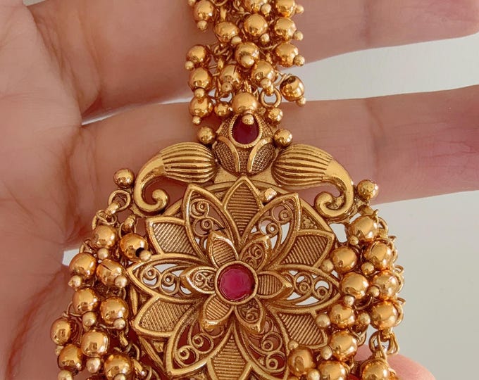 Pearl Clusters Gold Plated Tikka/ Antique Ruby maang tikka/Gold Maang tika /Indian Maangtikka/Temple tikka/Indian jewelry/Bridal Maang tikka