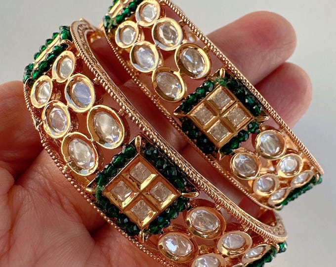 Openable green Moissanite Polki Bangles / Cz stone Moissanite  green kada //Indian Jewelry /bridal kundan diamond bangles