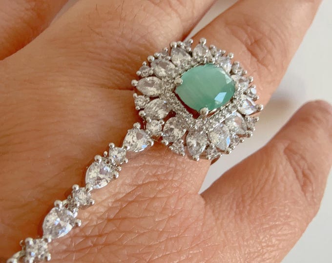 Mint Silver diamond  single haath phool /hand harness/Indian Jewelry/Hand Jewelry/ Mint Haath phool/Hand Chain Bracelet for Her