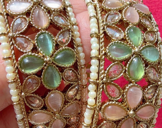 Openable Mint PInk Kundan Polki bridal Bangles kada pair/antique  Finished Kundan Polki wide  Kada/Indian Jewelry/Mint Pink  Kundan Kangan