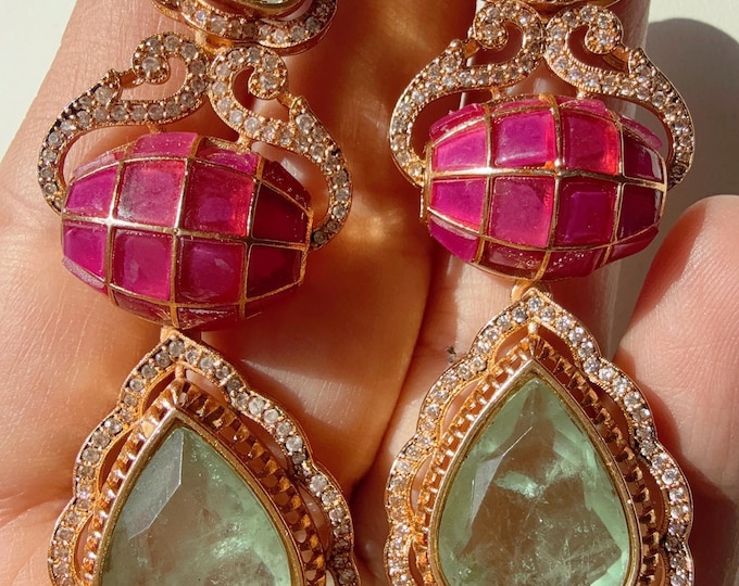 Sabyasachi-Inspired Moissanite kundan Earrings/Elegant Statement Jewelry/ Moissanite Mint Ruby shade Earrings/Bridal Diamond earrings
