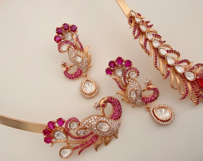 Moissanite hasli necklace set with earrings/Diamond Peacock Hasli /Peacock  diamond Hasli with designer earrings/Indian Wedding jewelry