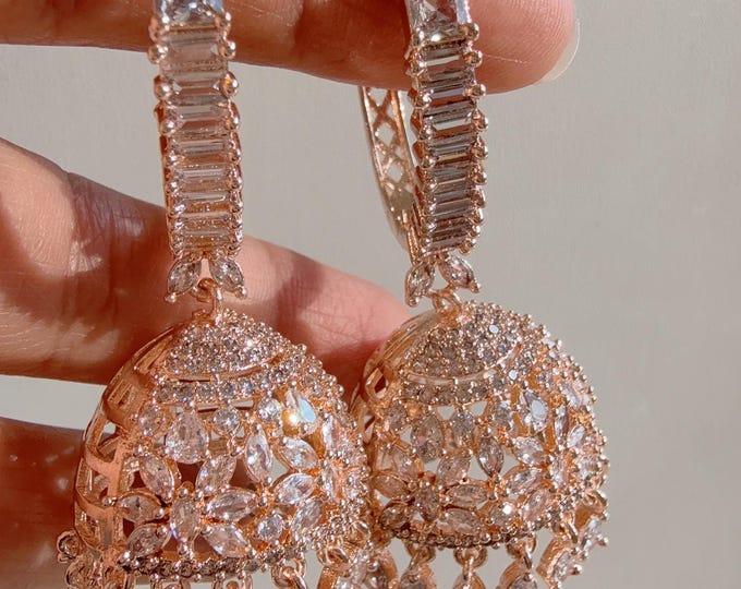 Rose gold  jhumka bali  Earrings/ Indian Jewelry Indian Earrings/American Diamond rose gold  jhumka/CZ Earrings/Indian jhumka