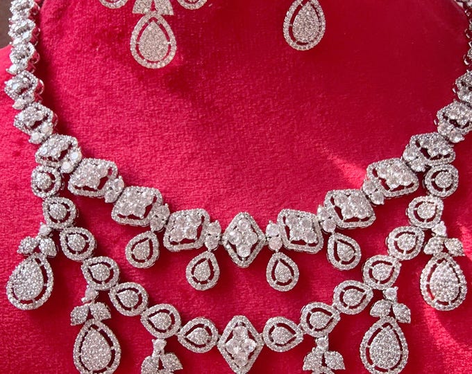 Rhodium double layer Necklace diamond necklace /Indian jewelry/ CZ Choker/Bridal choker// Indian Necklace/Silver   diamond choker