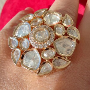 Bridal Kundan Moissanite Ring/Adjustable Ring/Double Finger Kundan Statement Ring /Indian Wedding jewelry/Moissanite Kundan ring image 2