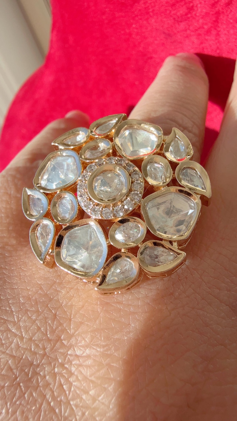 Bridal Kundan Moissanite Ring/Adjustable Ring/Double Finger Kundan Statement Ring /Indian Wedding jewelry/Moissanite Kundan ring image 2