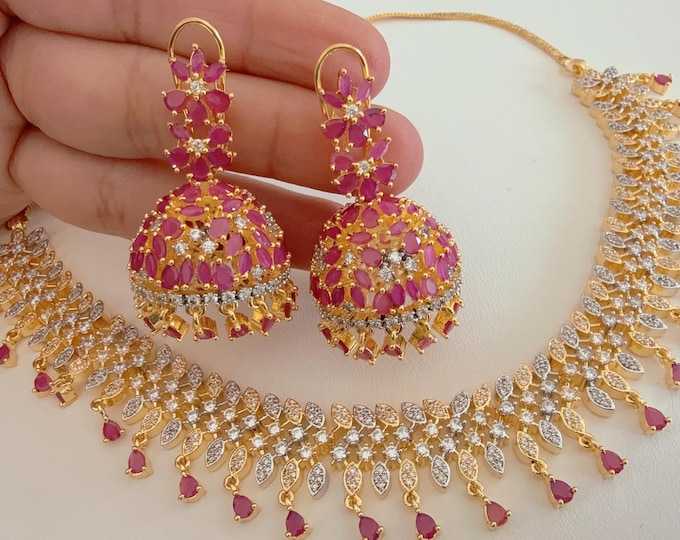 2 Tone  Diamond  Ruby Necklace with jhumka /Indian jewelry/ CZ Choker/Bridal choker/Diamond choker/ Indian Necklace/Ruby diamond choker