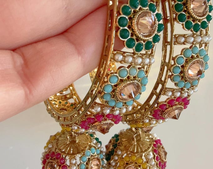Indian jhumka Antique Bangles  kada pair / Bridal Multi color Bangle set/Gold Plated Wedding Bangles/Mix n Match bangles/Indian jewelry