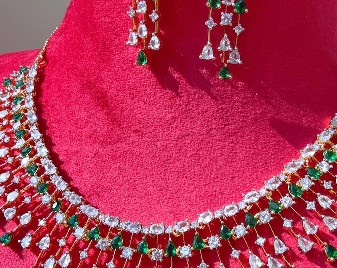 Rain Diamond Necklace 2 tone emerald  Indian jewelry/ CZ Choker/Bridal choker/green Diamond choker/ /2 tone green diamond diamond choker