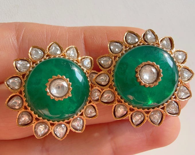 Green  Doublet stud  Earrings/Moissanite  diamond Kundan Studs /Indian Jewelry /Statement Stud Earring/Indian studs