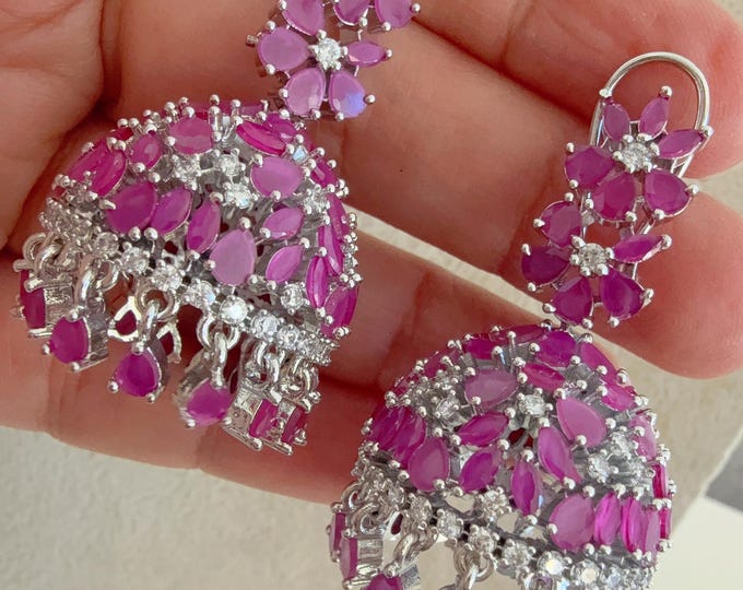 Ruby Silver  Luminous diamond  jhumka Earrings next to real / Indian Jewelry Indian Ruby Earrings/ silver Diamond Ruby  Earrings
