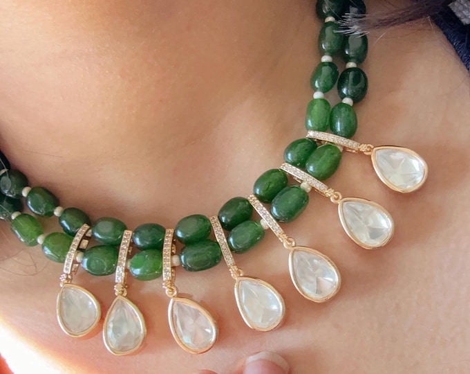 Moissanite Kundan  emerald Jewelry  set/Polki Kundan emerald double layer choker Necklace / Indian Bridal Jewelry/Indian Wedding jewelry