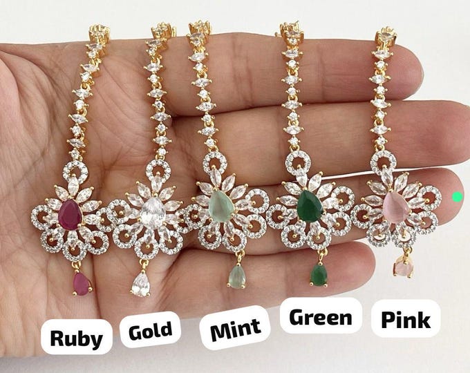 American Diamond 2 tone gold Maang tikka/ Indian Wedding Jewelry/ Pakistani Jewelry/ Matha patti/ Indian forehead jewelry/Indian Jewelry