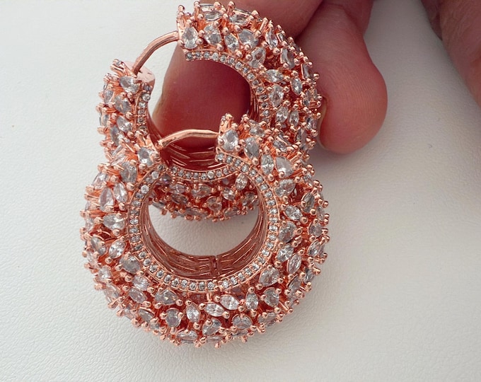 Rose Gold Diamond Big Huggie Hoop Earrings/Diamond hoops/ Diamond earrings/Indian jewelry/Diamond Hoop Earrings/Diamond huggie earrings