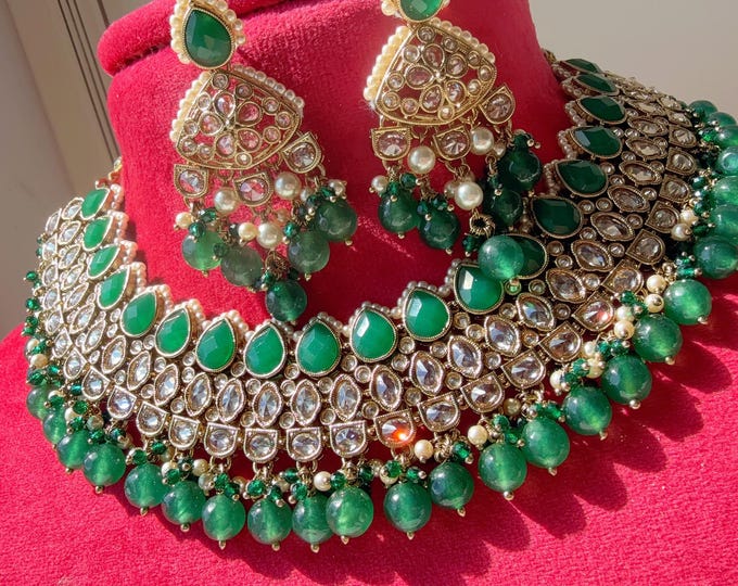 Semi bridal  green kundan  Polki Kundan  necklace  Set Chandbali and Tikka  /bridal necklace/Indian wedding jewelry/Bridal necklace set/