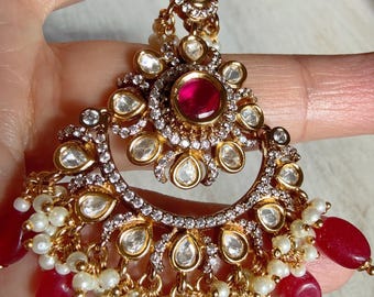 Versátil novia Sabyasachi inspirado Kundan Ruby Maang Tikka/Moissanite diamante Maang Tikka Junto al accesorio de cabeza real / nupcial