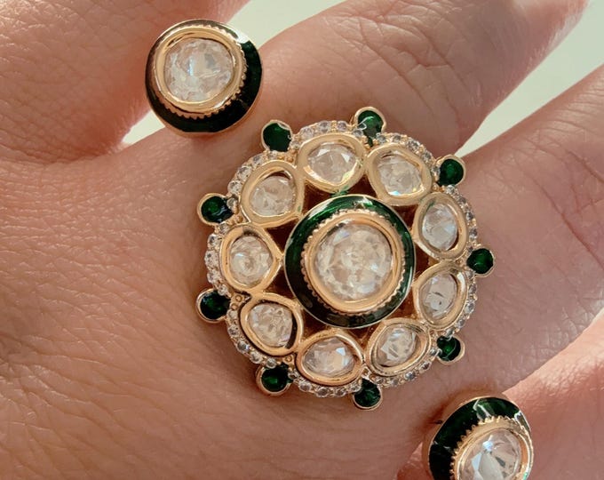 Bridal Kundan Moissanite Meenakari Ring/green bridal Ring/Double Finger Kundan Statement Ring /Two Finger Kundan ring