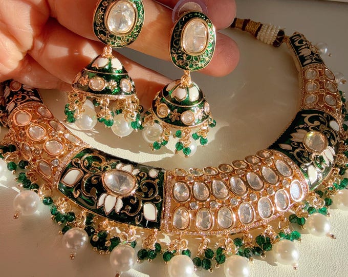 Moissanite kundan Emerald green hasli necklace set with jhumka earrings/Diamond  Hasli /Gold Plated Rajasthani Hasli in Green Meenakari