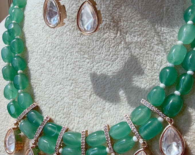 Sabyasachi inspired Mint  mala set/ Moissanite Kundan  Monalisa Stone Jewelry  set/Indian Bridal Jewelry/Indian Wedding jewelry/