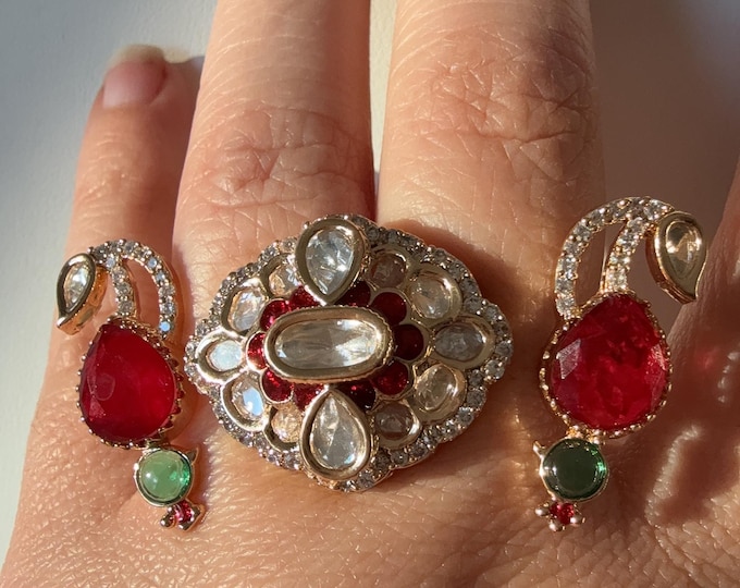 Bridal Kundan Moissanite Ring/Ruby green bridal Ring/Double Finger Kundan Statement Ring /Two Finger Kundan ring