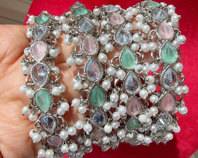 Mint pink Kundan Bangles/Polki Kundan  Pearl Bangles Set(4 Pc) /Silver mint pink Kundan Bangles/Mint pink bangles/Indian Bangles