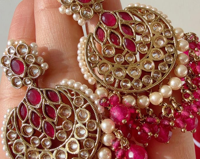 kundan chandbali Ruby earrings  jhumka/Kundan Earrings /Statement earrings /Bridal earrings/Pearl drop earrings/Ruby Antique earrings