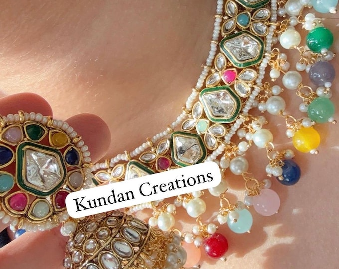 Navratan Multi  kundan   Polki Kundan  necklace Set/Kundan Choker/Indian wedding jewelry/Bridal necklace set/Multi  wedding Necklace