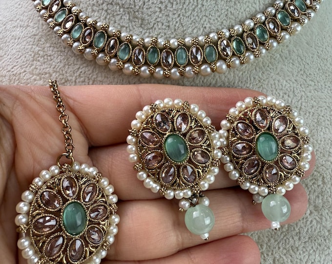 Antique Polki Kundan Mint  necklace/Wedding necklace/Bridal necklace/ Mint pink choker/Indian jewelry/