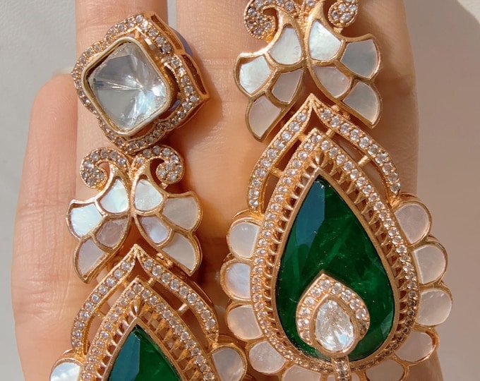 Sabyasachi-Inspired Moissanite Earrings/ Statement Jewelry/ Emerald Mother of pearl dual shade Moissanite Earrings/Bridal Diamond earrings