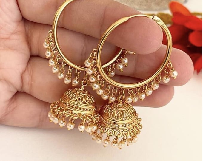 Gold plated bali hoops Earrings/ Punjabi Bali Hoops /Indian Earrings/ Indian Wedding Sangeet Jewelry / Kundan Jhumka //Bridesmaid Jewelry
