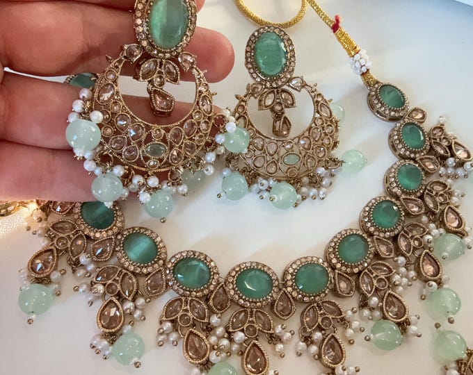 Antique Mint kundan  Polki Kundan  necklace  Set Chandbali and Tikka  /bridal necklace/Indian wedding jewelry/Bridal necklace set/