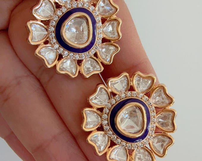Moissanite Polki Embellished Purple Kundan Studs /Indian Jewelry /Statement Stud Earring/Kundan Stud Earrings/Cz Studs/Diamond Studs