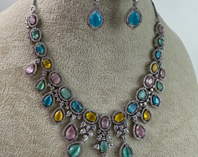Multi Diamond Necklace  /Indian jewelry/ Silver multi diamond necklace/Bridal choker/ Indian Necklace/CZ Multi diamond necklace