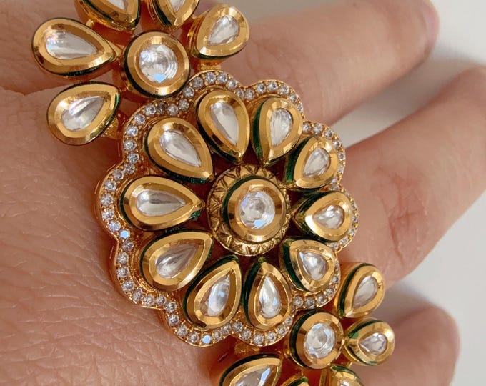 Bridal Kundan Moissanite kundan  Oversized Ring/green bridal Ring/Double Finger Kundan Statement Ring /Two Finger Kundan ring