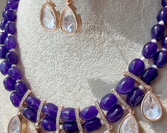 Sabyasachi inspired Purple mala set/ Moissanite Kundan  Monalisa Stone Jewelry  set/Indian Bridal Jewelry/Indian Wedding jewelry/