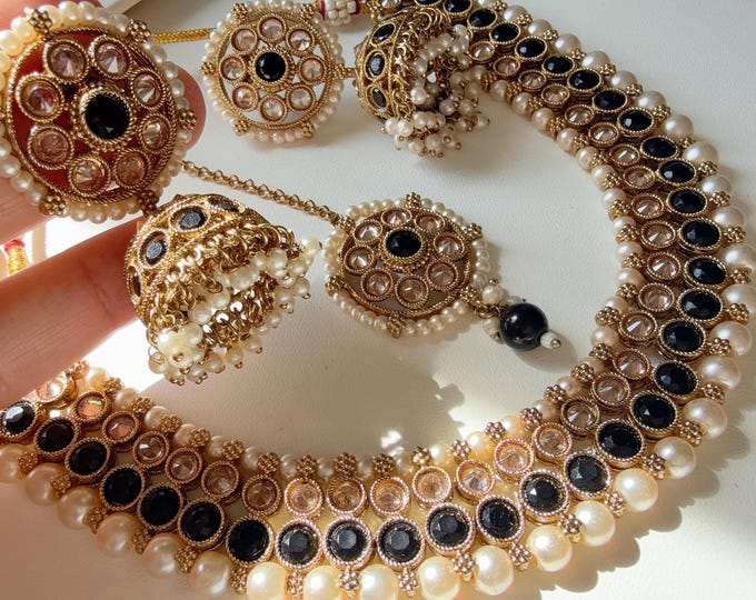 Antique Polki Kundan Black necklace with Maang  jhumka Tikka Set/Kundan Choker/bridal necklace/Indian wedding jewelry/Black wedding Necklace