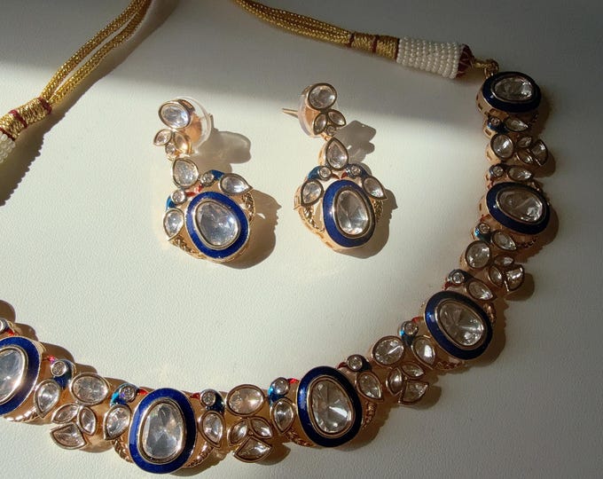 Moissanite Meenakari work  kundan Blue necklace set with earrings/ jadau kundan meenakari work/ Rajwadi Blue necklace/