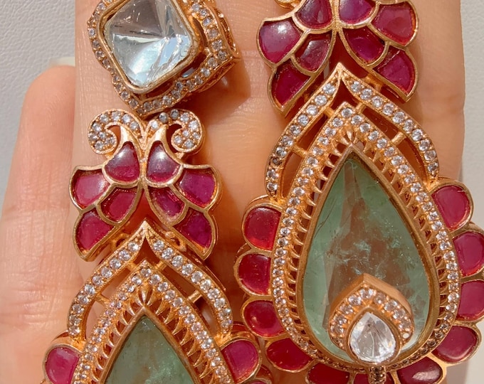 Sabyasachi-Inspired Moissanite Earrings/ Statement Jewelry/  Ruby Mint  dual shade Moissanite Earrings/Bridal Diamond earrings