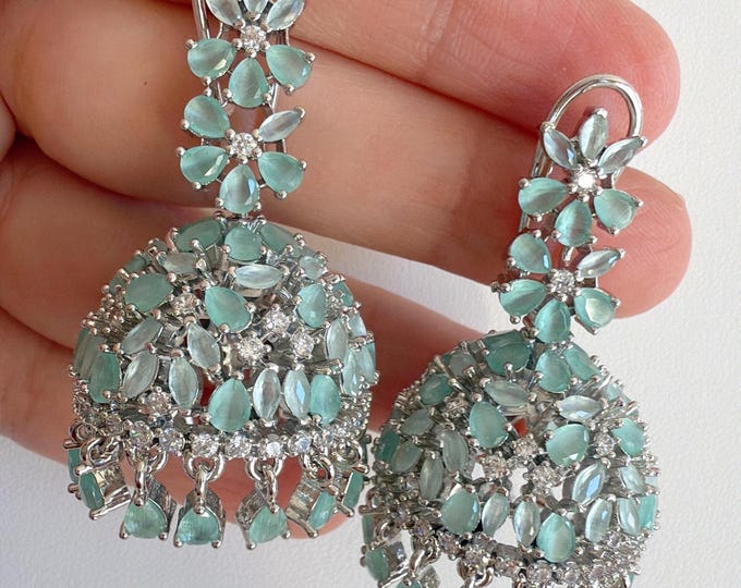 Silver Mint Luminous  jhumka Earrings next to real / Indian Jewelry Indian Earrings/Mint Diamond Earrings/ Mint jhumki