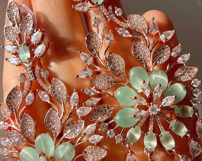 Cubic Zirconia Chandelier Earrings/Diamond Chandelier Rose gold  Mint Earrings / Indian wedding Jewelry/Diamond Flower Drop Dangle Earrings
