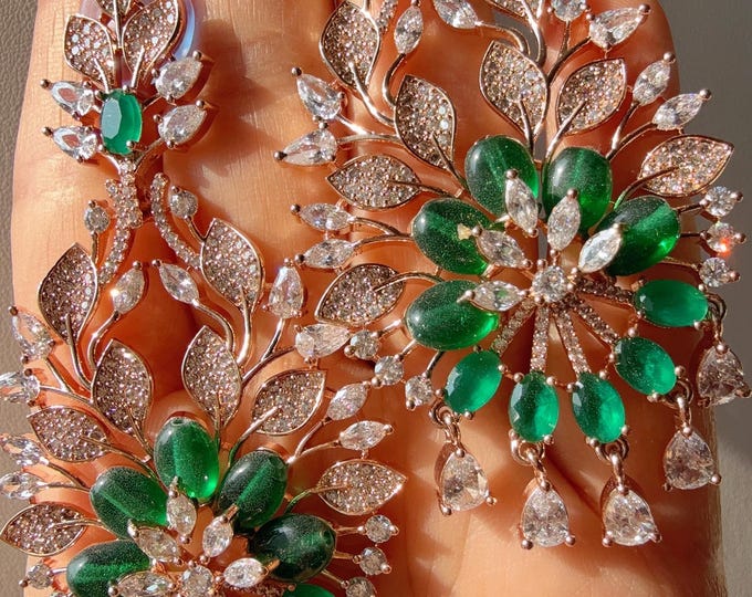Cubic Zirconia Chandelier Earrings/Diamond Chandelier Rose gold green  Earrings / Indian wedding Jewelry/Diamond Flower Drop Dangle Earrings