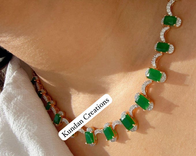 2 tone  Diamond emerald  Necklace  /Indian jewelry/ CZ green 2 tone Choker/Bridal diamond choker/Indian Necklace/Emerald  diamond necklace