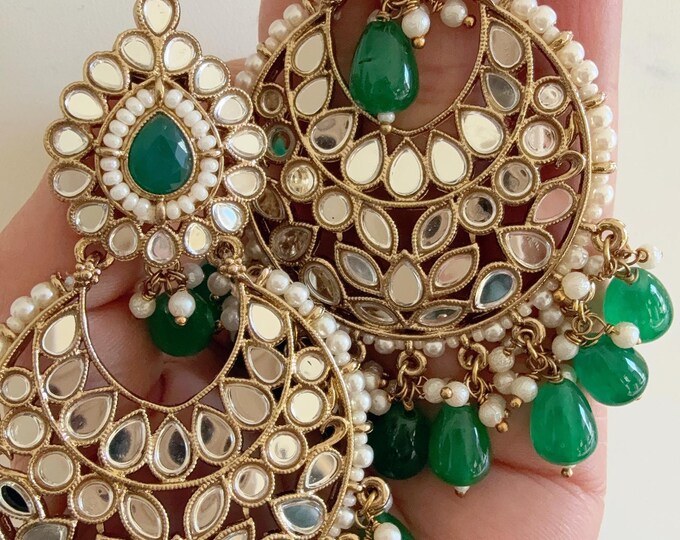 Green Mirror chandbali earrings/Kundan Earrings /Statement earrings /Bridal earrings/Pearl drop earrings/Mirror Jhumka /Bridesmaid Earrings