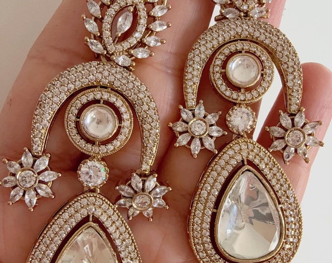 Sabyasachi-Inspired Moissanite kundan Earrings/Elegant Statement Jewelry/Gold Finish Moissanite Polki Earrings/Bridal Diamond earrings