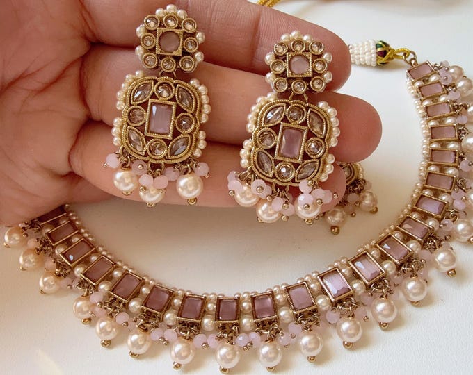 Antique  kundan  Polki Kundan Baby pink necklace Set /bridal necklace/Indian wedding jewelry/necklace set with Earrings and Tikka set