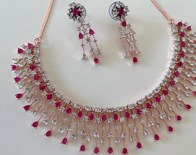 Rain Diamond Necklace Rose gold Ruby  Indian jewelry/ CZ Choker/Bridal choker/green Diamond choker/ /Rose gold ruby diamond diamond choker