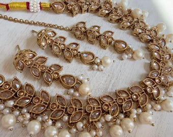 Conjunto de colar Polki Kundan antigo com brincos e tikka | Colar de noiva para casamento | Joias indianas | Joias para noivas | Neha
