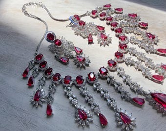Ruby CZ Statement Necklace Set | Silver Tone Indian Bridal Jewelry | Wedding & Reception Necklace