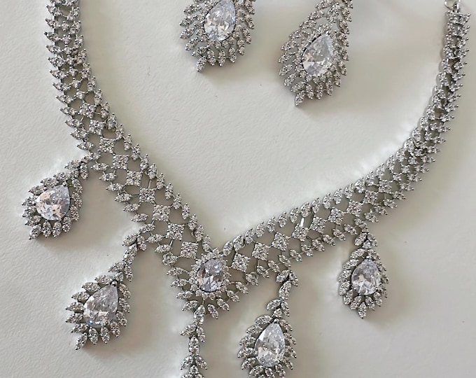 Silver  Diamond Necklace Statement Necklace / Indian jewelry/ CZ Choker/Bridal choker/Diamond choker/diamond necklace  choker